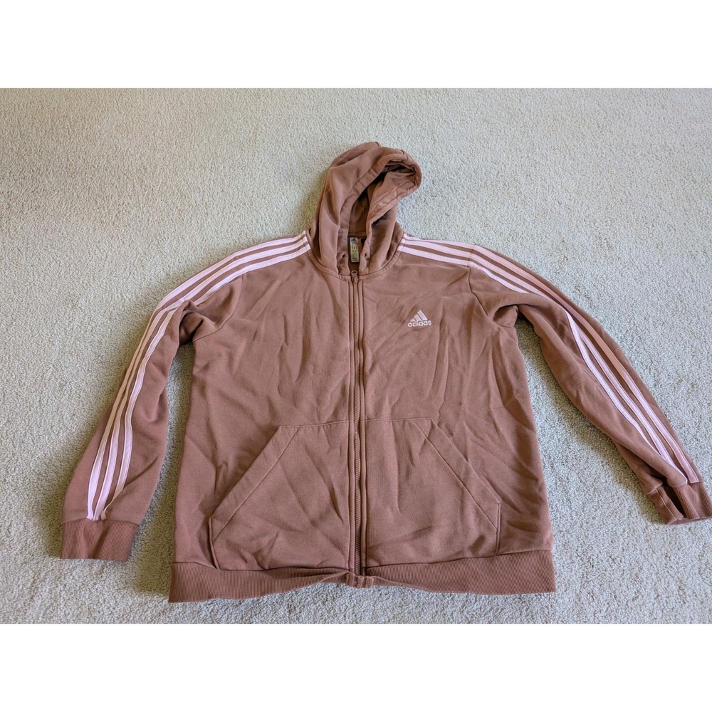Womens Adidas Essentials Three Stripe Full Zip Hoodie Size XL Brown Pink
